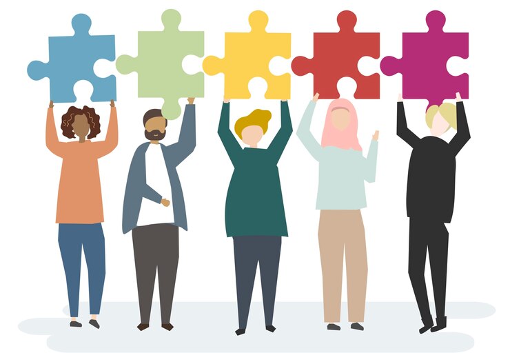 illustration-diverse-characters-holding-up-jigsaw-pieces_53876-40806