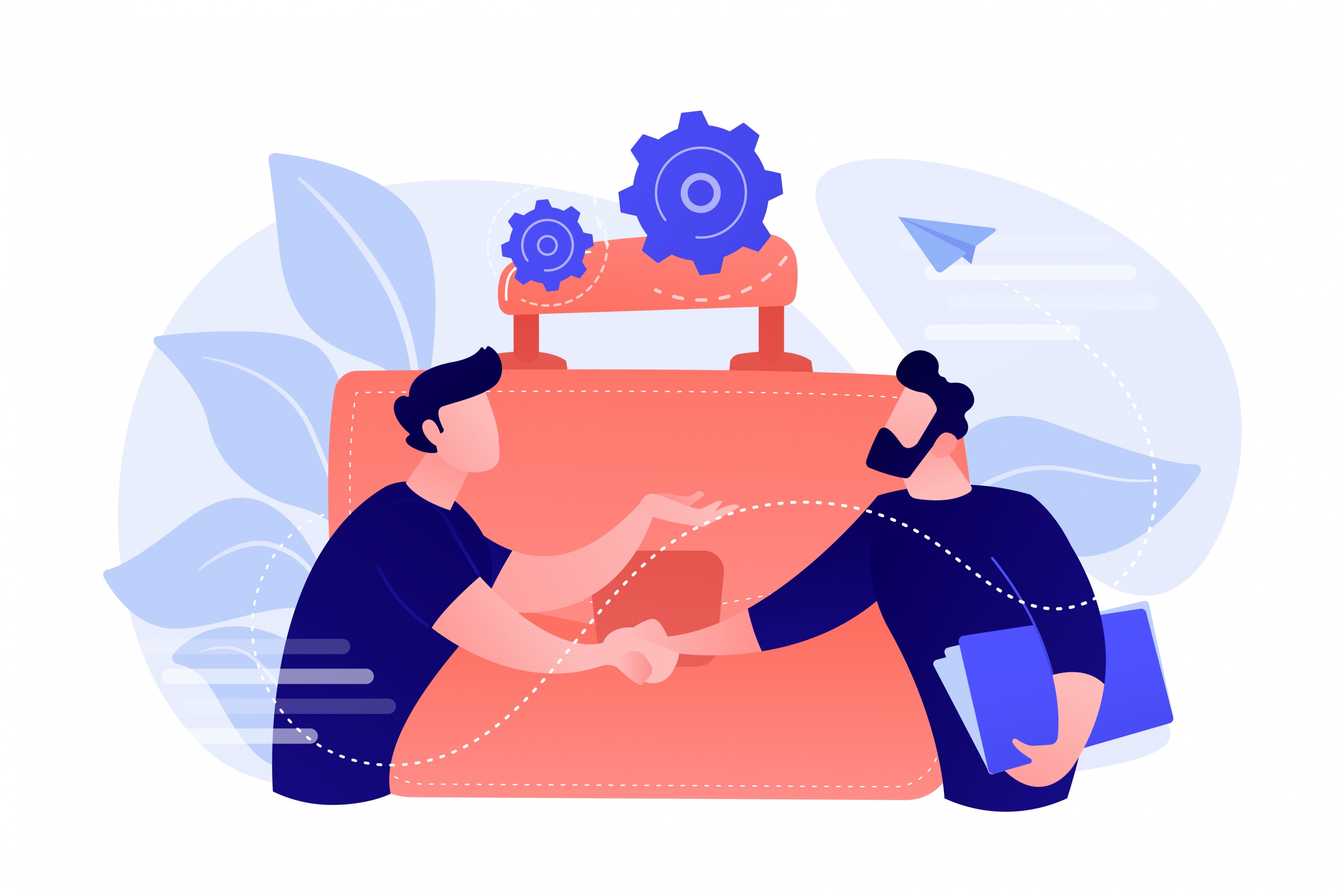 Two business partners shaking hands and big briefcase. Partnership and agreement, cooperation and deal completed concept on white background. Pinkish coral blue vector isolated illustration