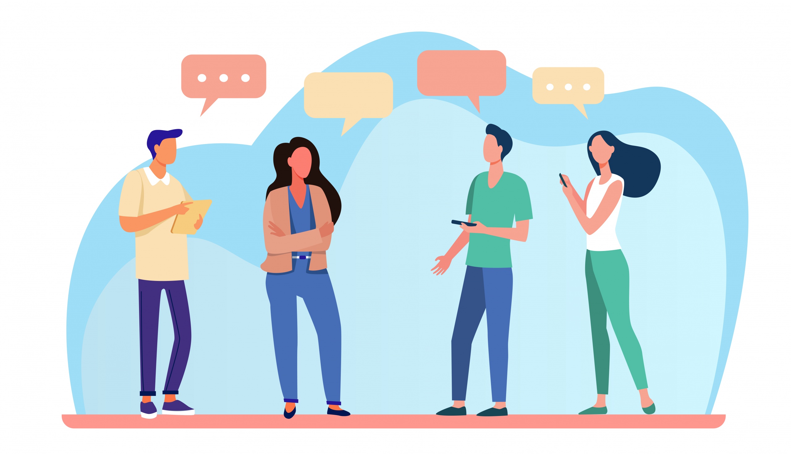 Young people standing and talking each other. Speech bubble, smartphone, girl flat vector illustration. Communication and discussion concept for banner, website design or landing web page