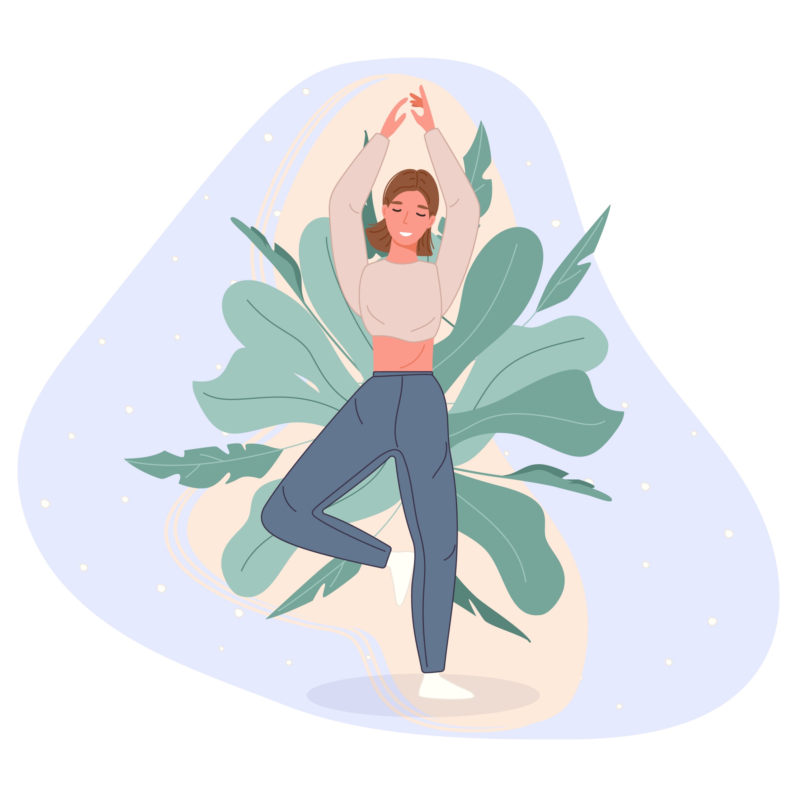 Happy women stand on floor and meditating in yoga pose. Meditation practice concept in cartoon style. Vector illustration meditate lifestyle