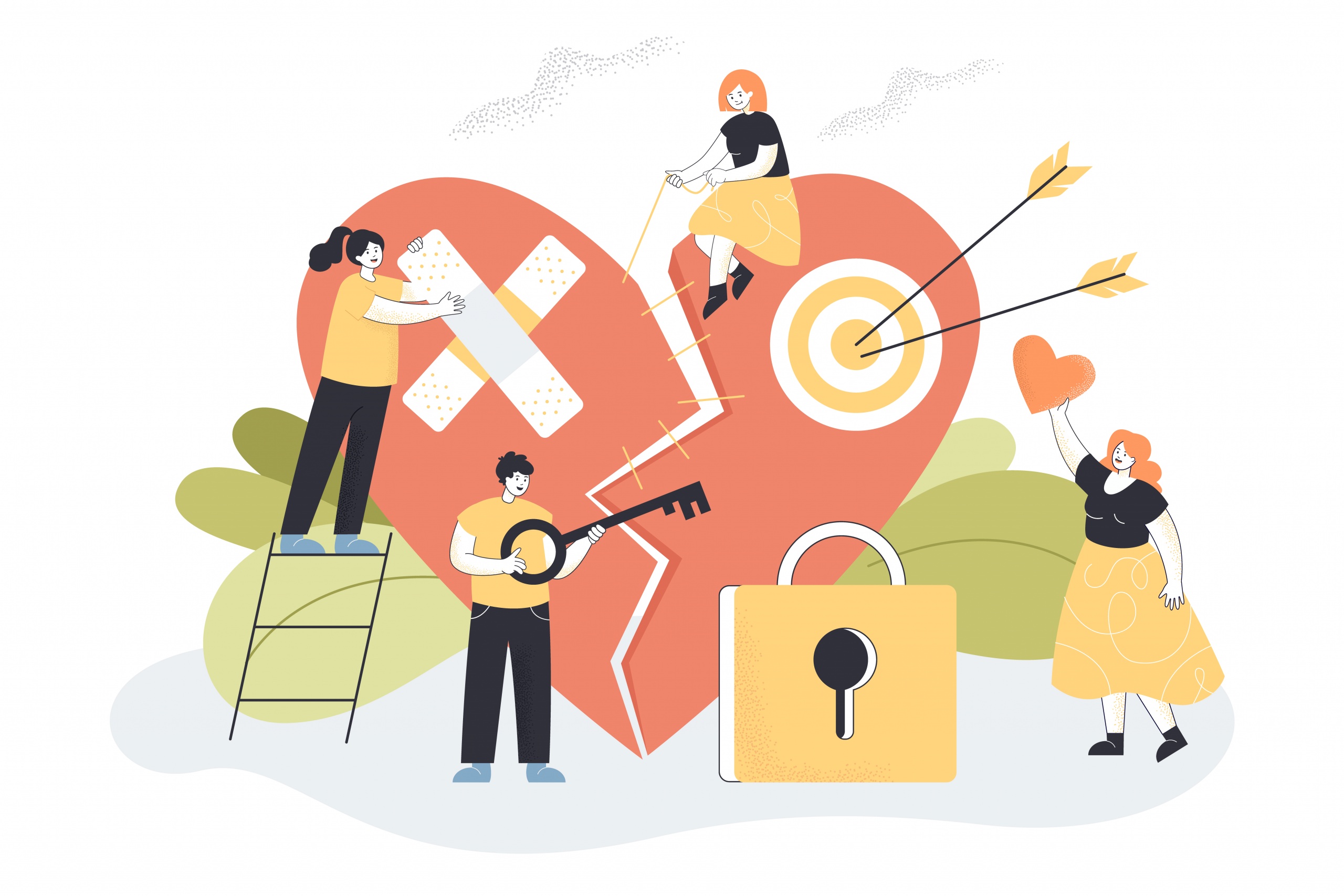 Tiny vulnerable characters repairing broken heart. Man and women breaking up and experiencing bad emotions flat vector illustration. Love failure, relationship, sensitive people concept