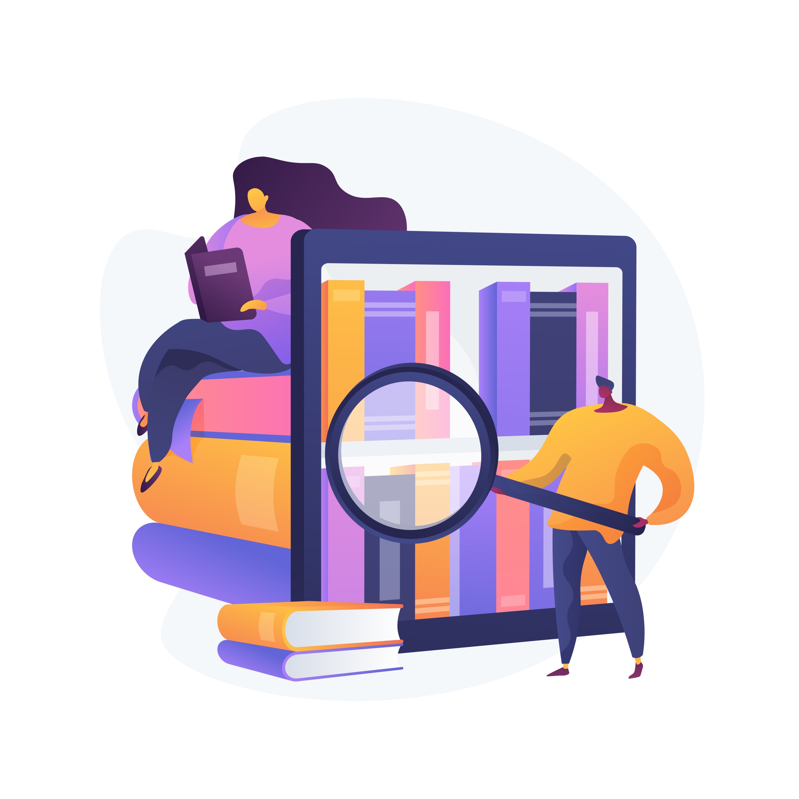 Public library visitors. Scientific research, self study, educational center. People looking for books on library shelves, reading textbooks. Vector isolated concept metaphor illustration